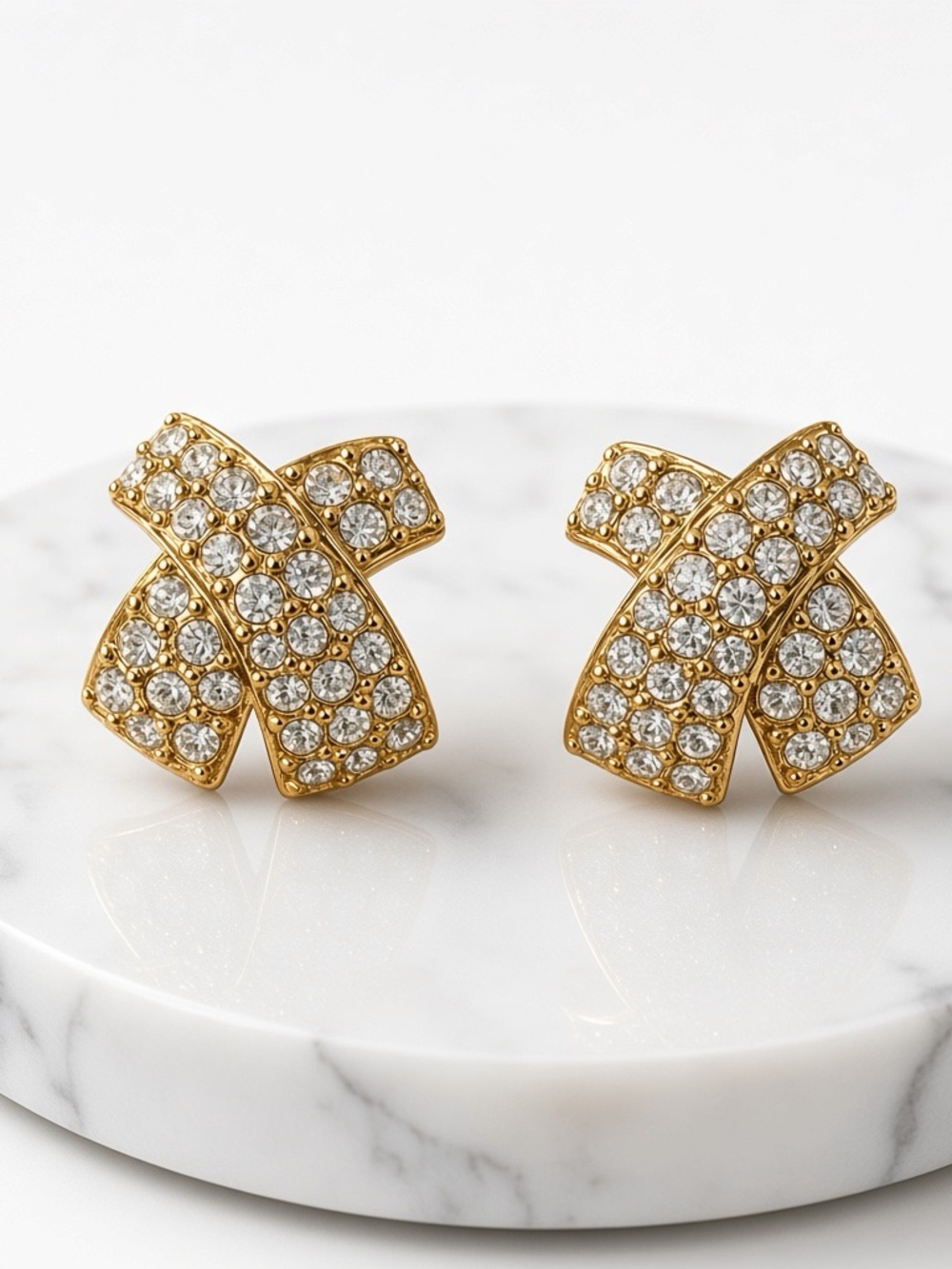 80s SWAROVSKI Swan Signed Pave Crystal X Criss Cross Stud Earrings Gold Preppy
